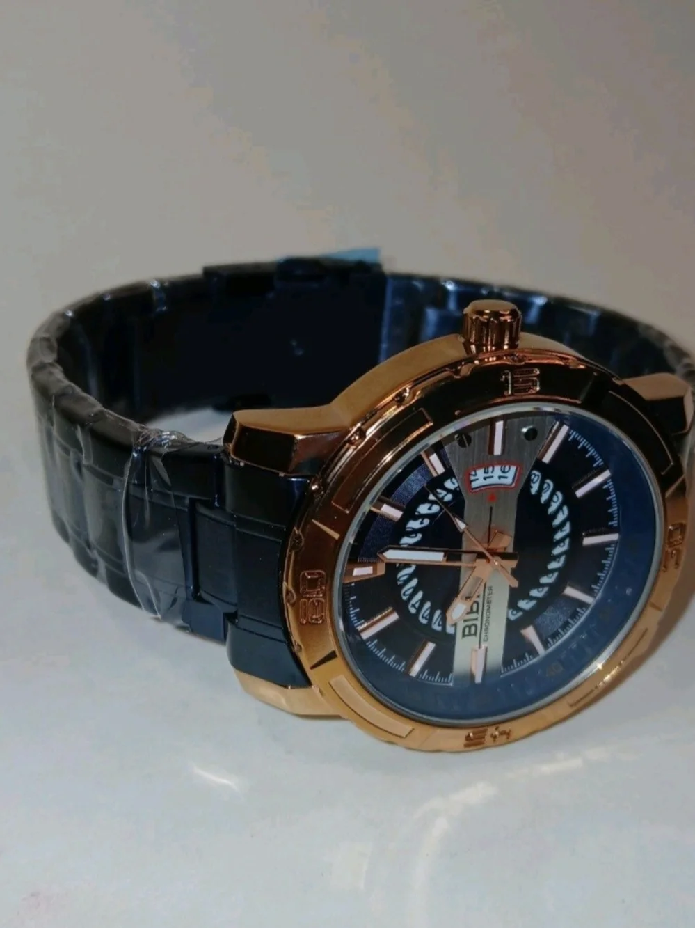 ​BIBI Chronometer Mens Quartz Watch Blue Rose Gold Steel Link Band New Box